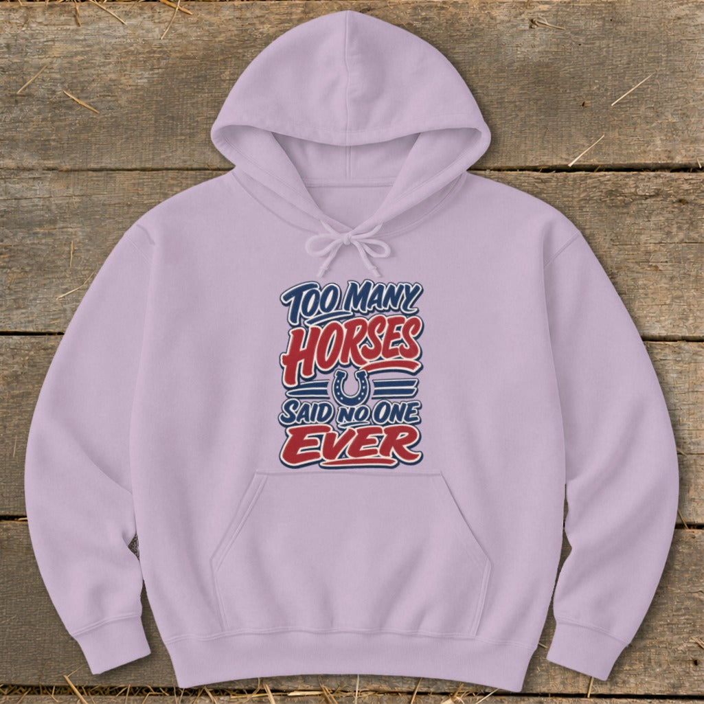 Purple hoodie with "Too Many Horses Said No One Ever" text design.