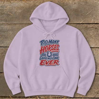 Purple hoodie with "Too Many Horses Said No One Ever" text design.