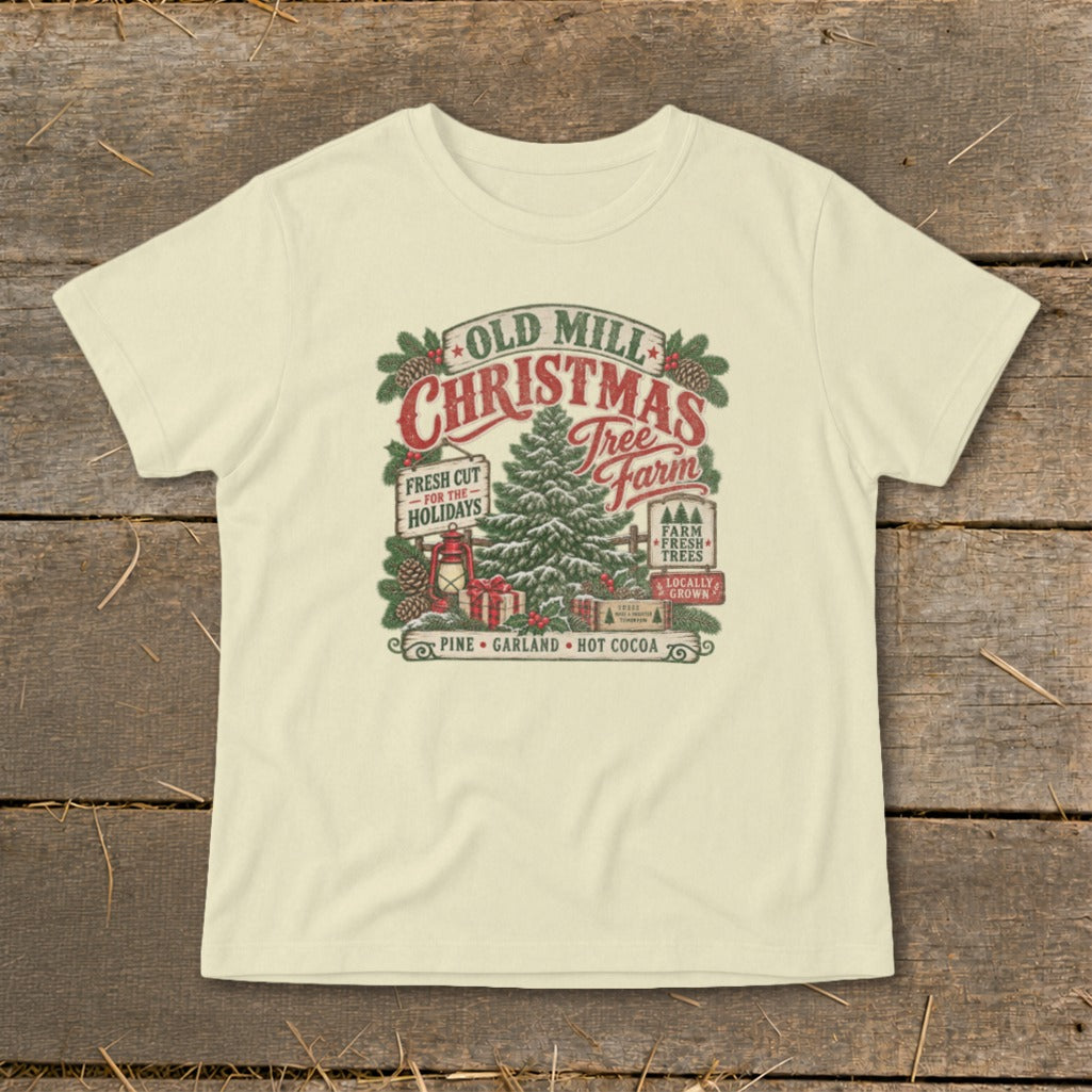 Old Mill Christmas Tree Farm design with fresh cut trees and festive elements.
