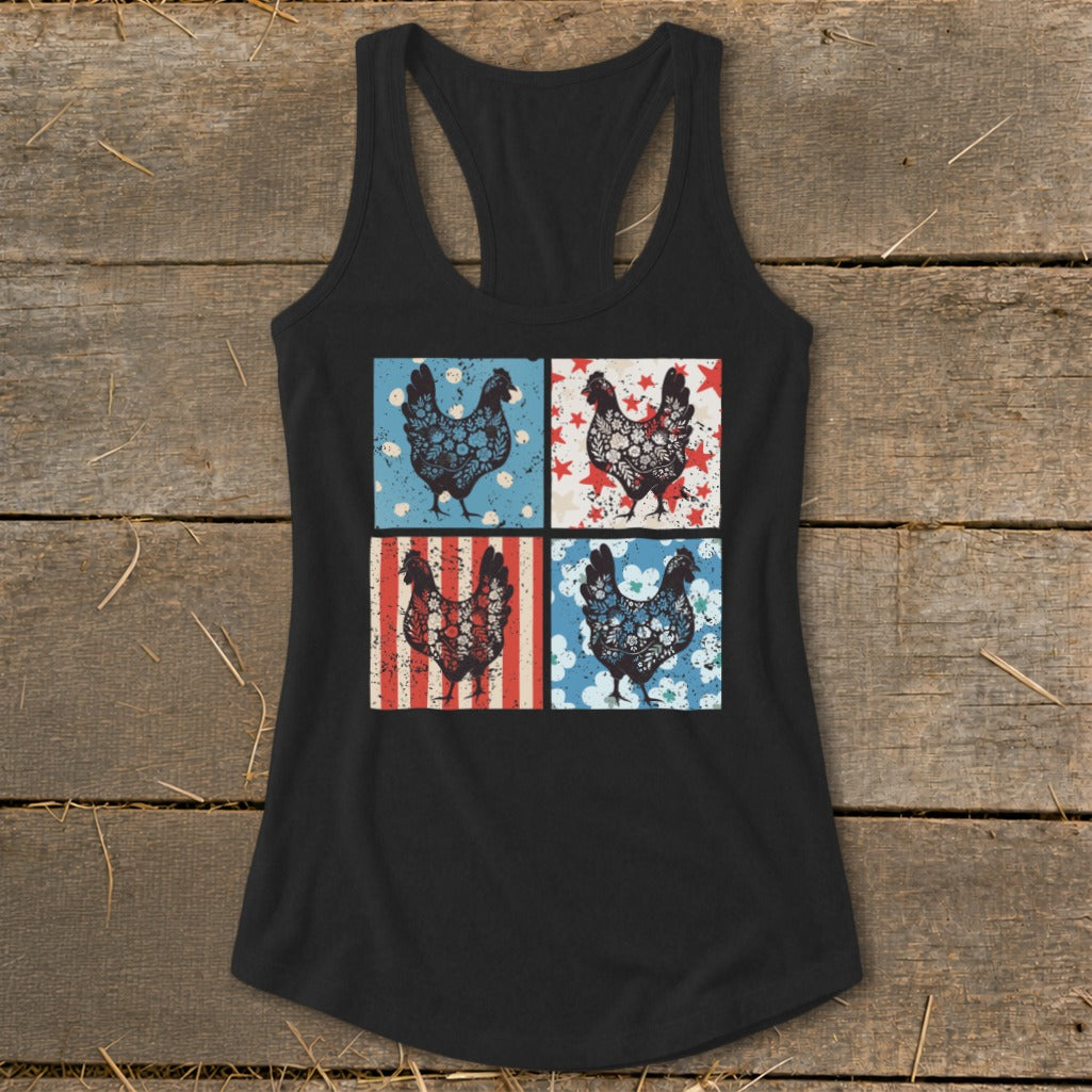 Black tank top with four squares featuring stylized roosters and patriotic patterns.