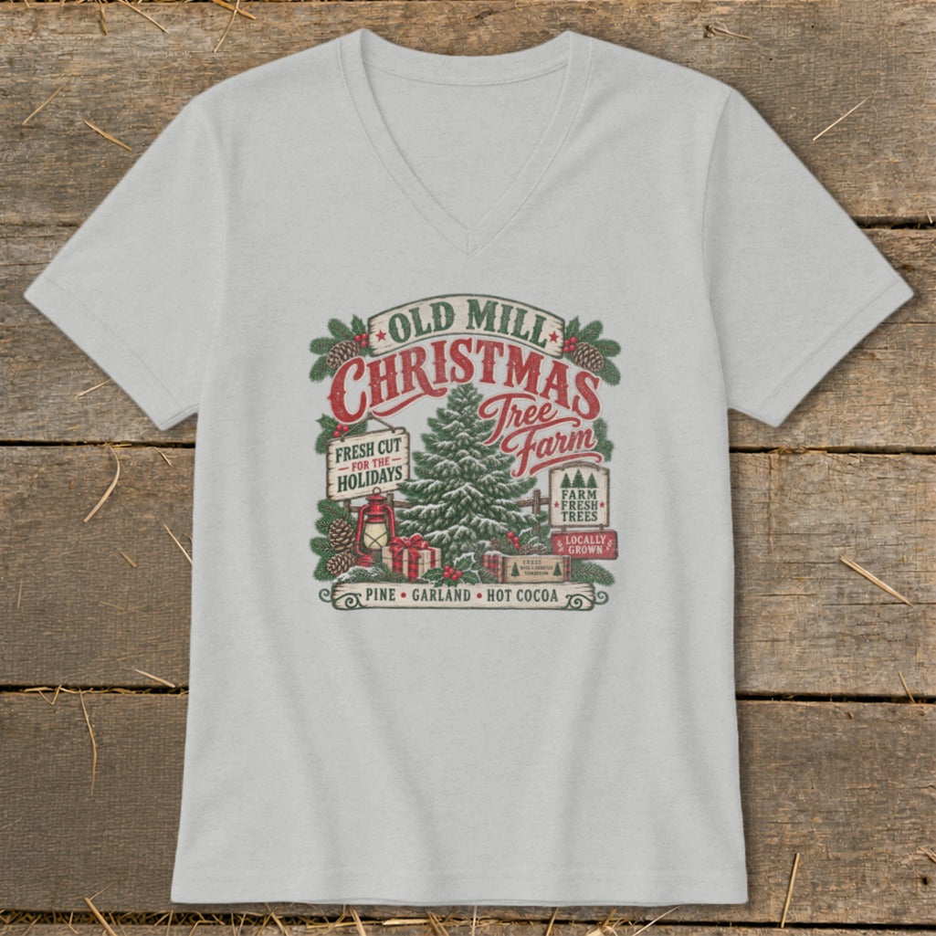 Light gray v-neck t-shirt with "Old Mill Christmas Tree Farm" graphic.