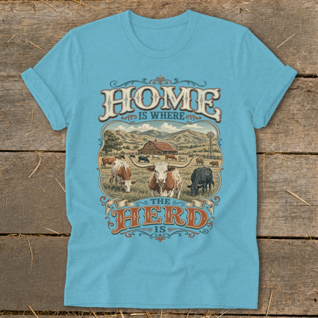 T-shirt with "Home is Where the Herd is" text and a farm scene.