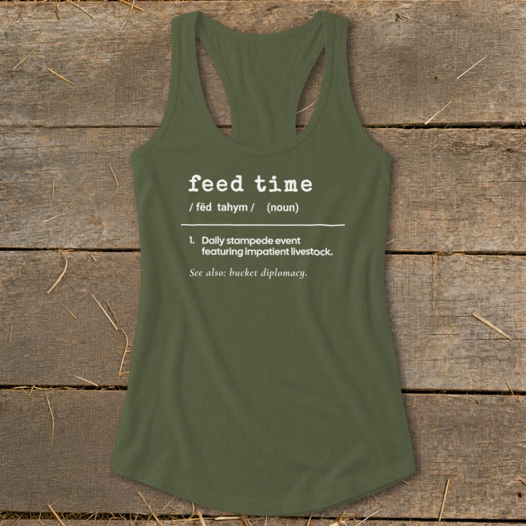 Green tank top with "feed time" definition including "daily stampede event".