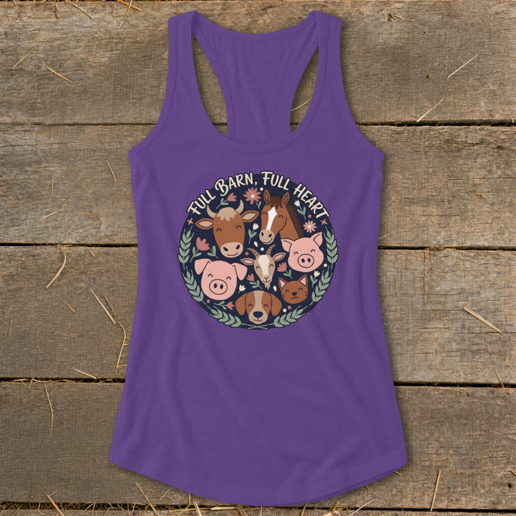 Purple tank top with farm animal circle graphic and text "FULL BARN, FULL HEART".