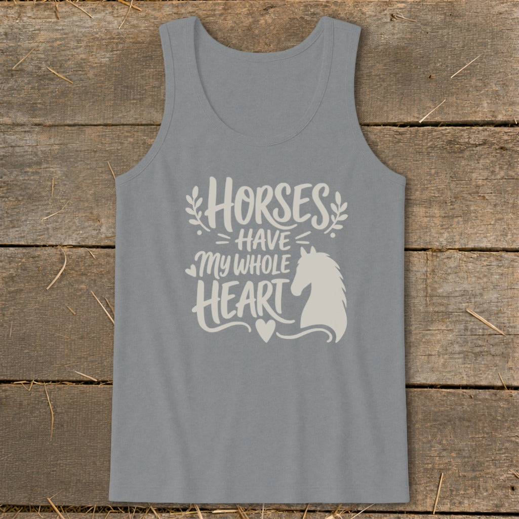 Grey tank top with "Horses Have My Whole Heart" text and horse graphic.