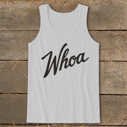 Light gray tank top with the word "Whoa" in black cursive text.