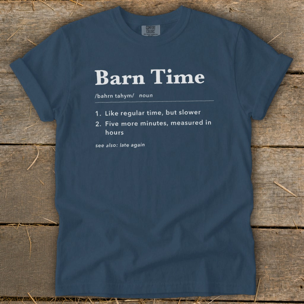 Navy blue t-shirt with "Barn Time" definition in white text.