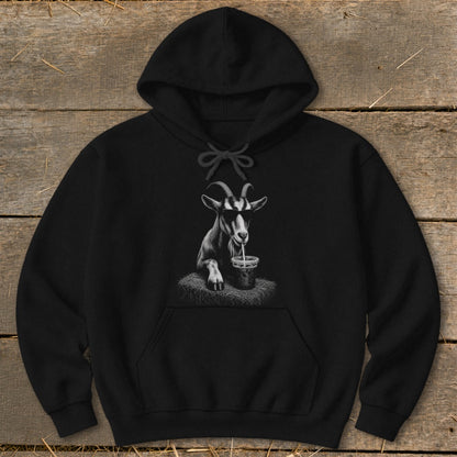 Black hoodie with a graphic of a goat wearing sunglasses drinking from a cup.