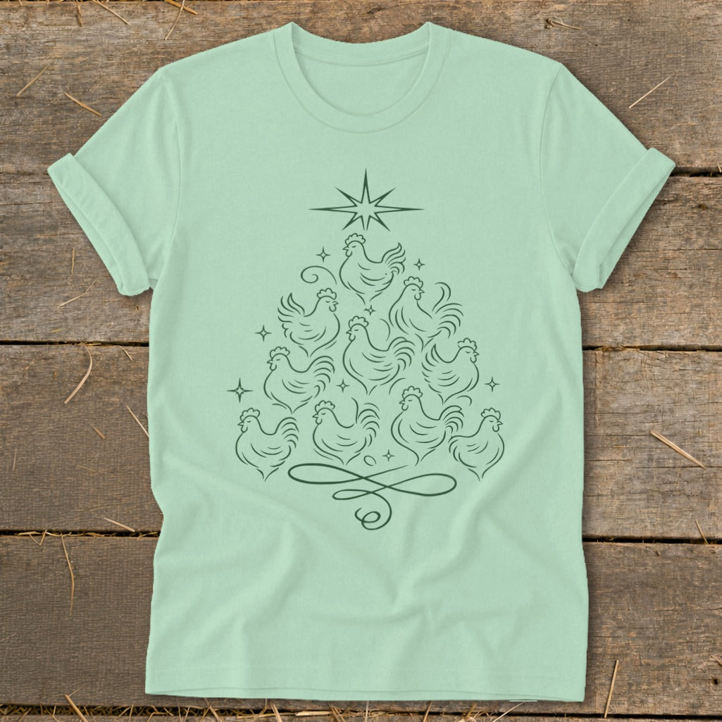 Light green t-shirt with line art Christmas tree made of chickens and a star.