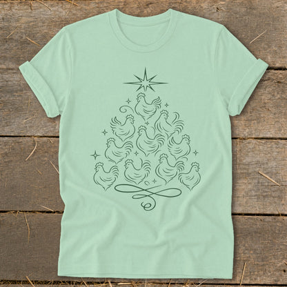 Light green t-shirt with line art Christmas tree made of chickens and a star.