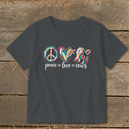 Dark gray t-shirt with "peace love cows" and colorful peace sign, heart, and cow.
