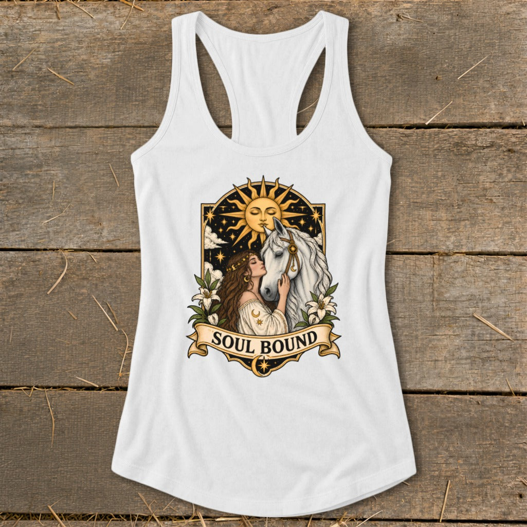 White tank top with "Soul Bound" text, featuring a woman and white horse illustration.