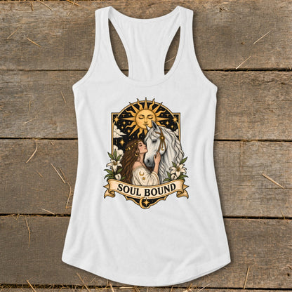 White tank top with "Soul Bound" text, featuring a woman and white horse illustration.