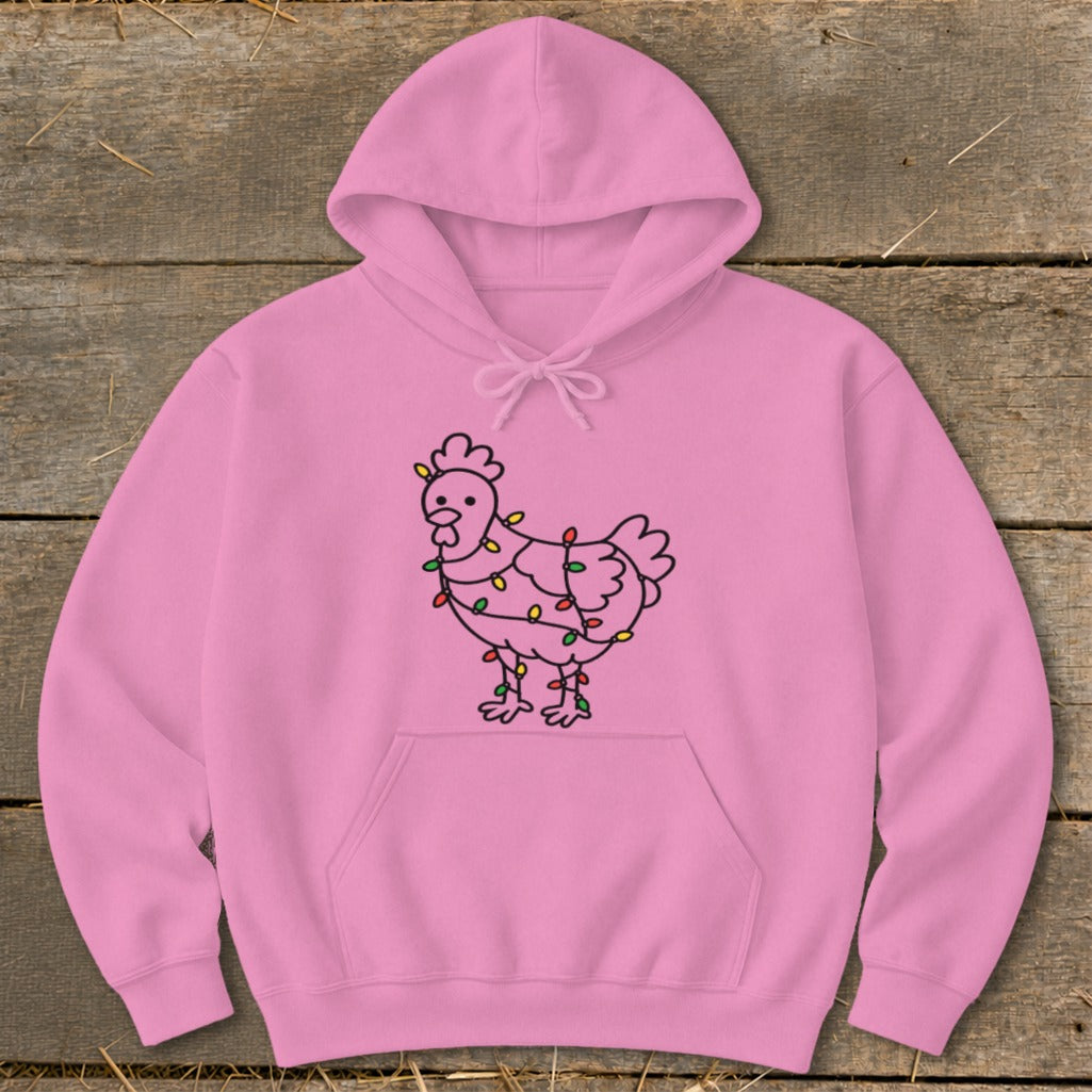 Pink hoodie with a line drawing of a chicken covered in colorful Christmas lights.