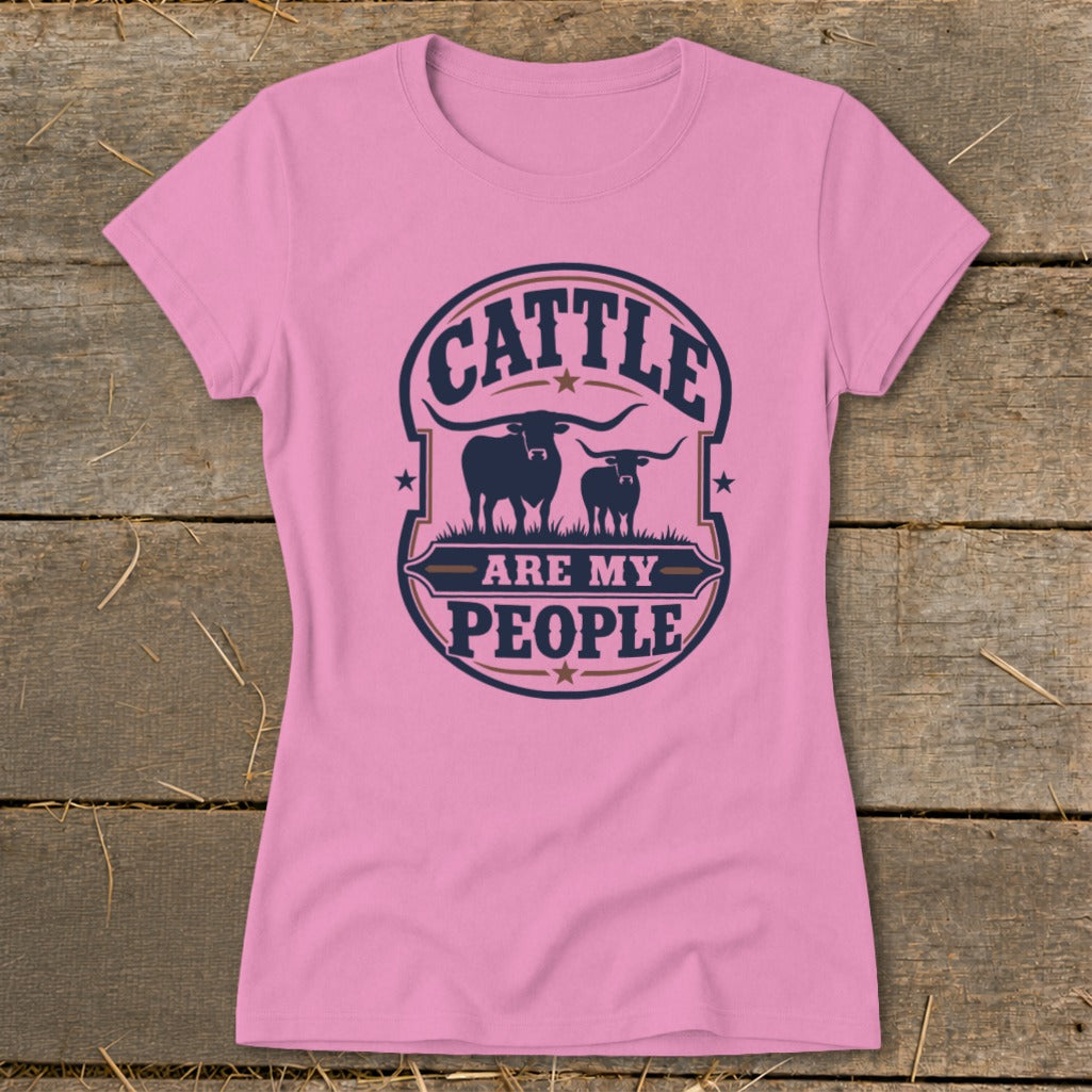 Pink t-shirt with "Cattle Are My People" graphic featuring two bulls.