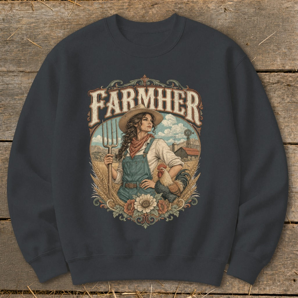 Dark grey sweatshirt with "FARMHER" text, a woman with a pitchfork, and a rooster.
