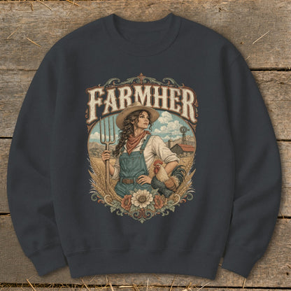 Dark grey sweatshirt with "FARMHER" text, a woman with a pitchfork, and a rooster.