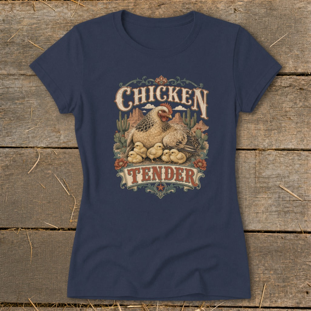 Navy t-shirt with "CHICKEN TENDER" text and illustration of hen with chicks.