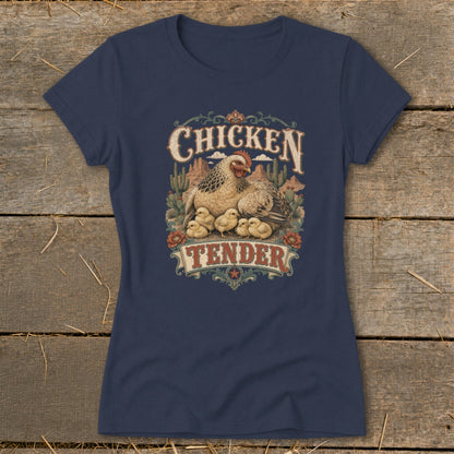 Navy t-shirt with "CHICKEN TENDER" text and illustration of hen with chicks.