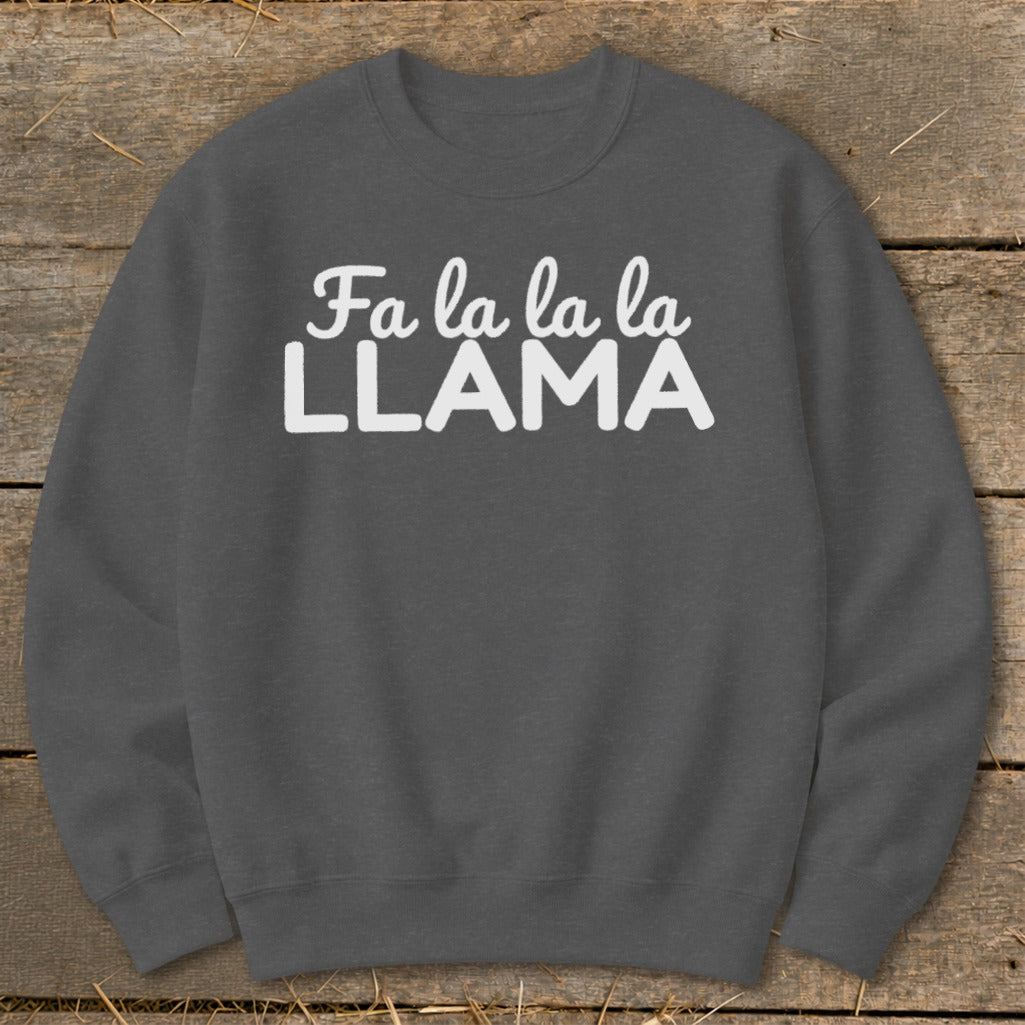 Dark grey sweatshirt with white text "Fa la la la LLAMA"