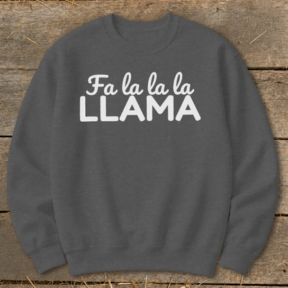 Dark grey sweatshirt with white text "Fa la la la LLAMA"