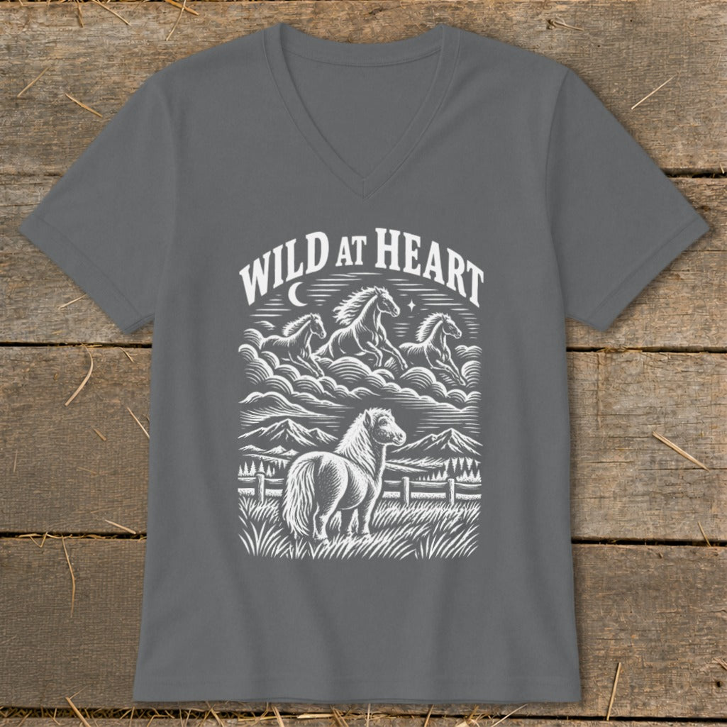 Dark gray v-neck t-shirt with "WILD AT HEART" and a horse illustration.