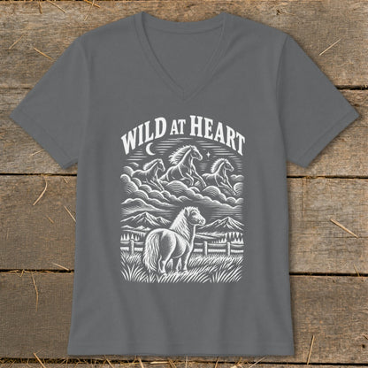 Dark gray v-neck t-shirt with "WILD AT HEART" and a horse illustration.