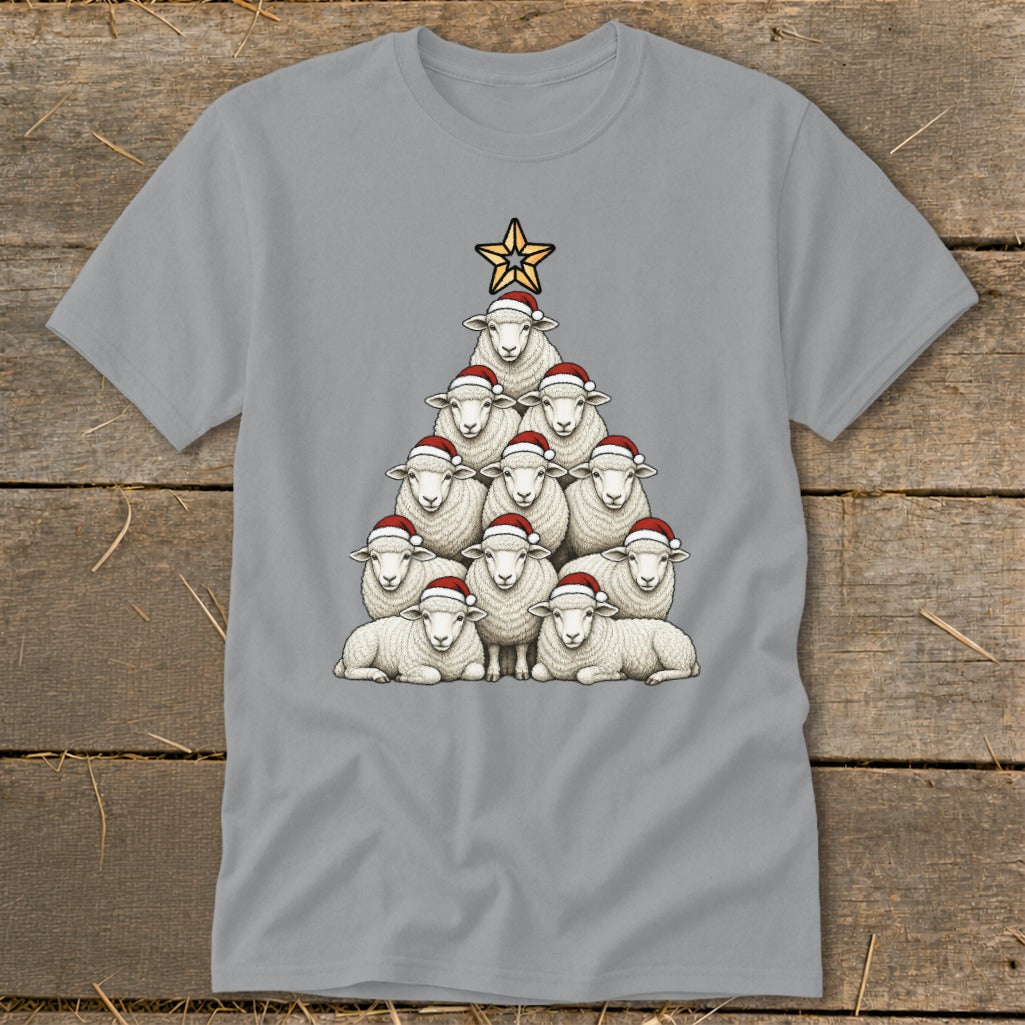 Gray t-shirt with a Christmas tree made of sheep wearing Santa hats.