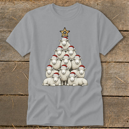 Gray t-shirt with a Christmas tree made of sheep wearing Santa hats.