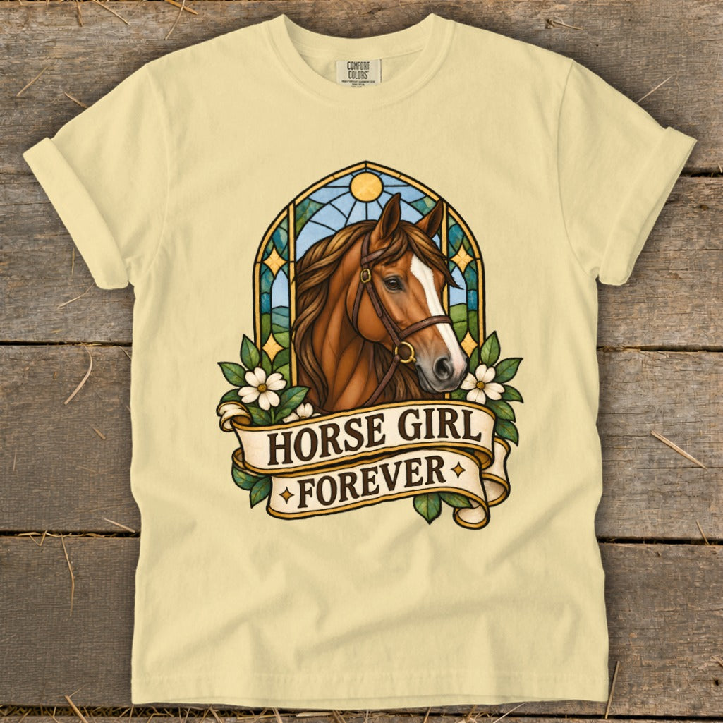 Brown horse head with stained glass background and "Horse Girl Forever" text.