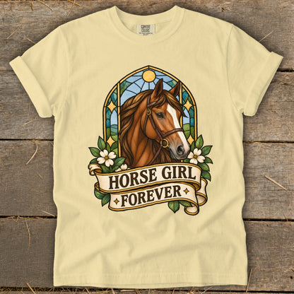 Brown horse head with stained glass background and "Horse Girl Forever" text.