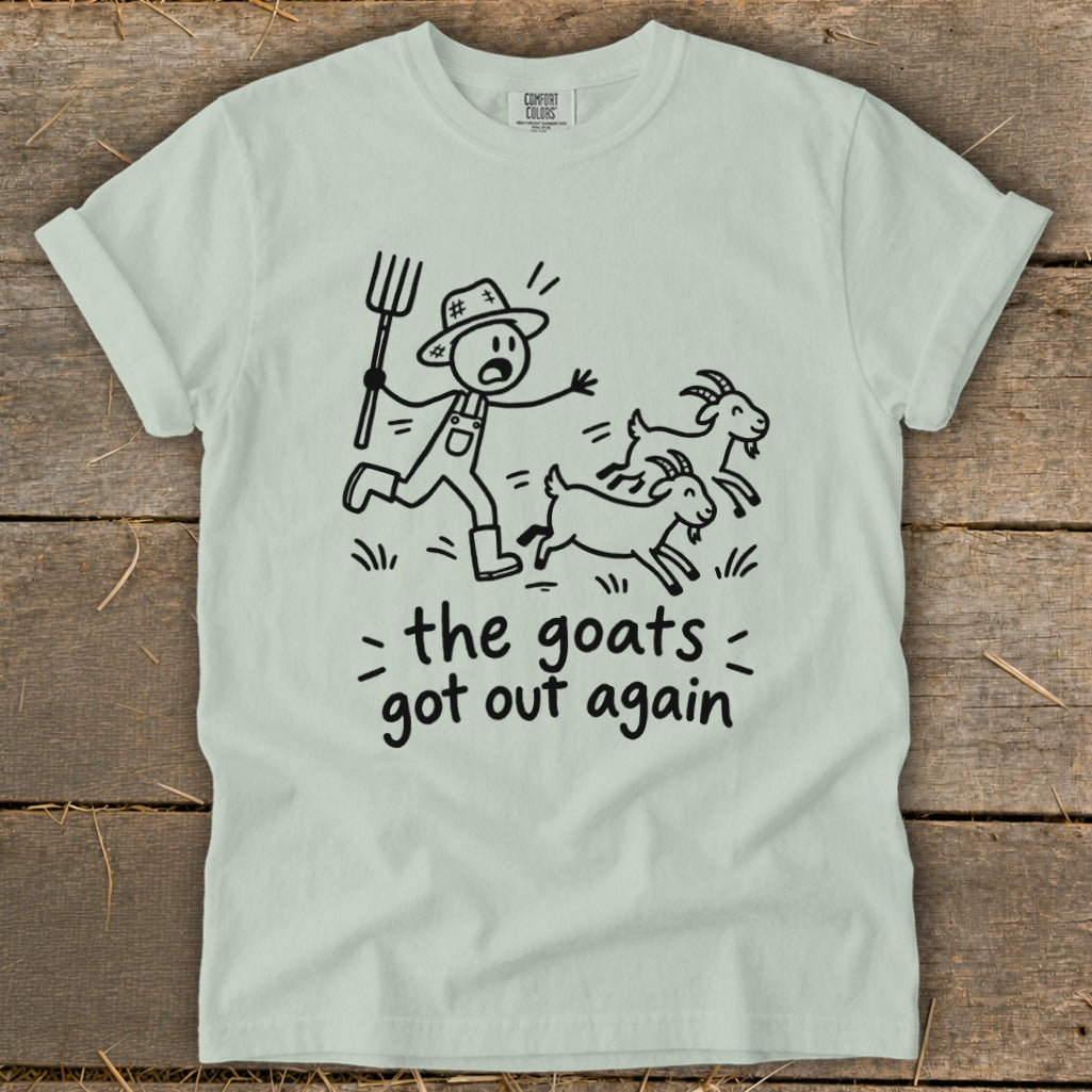 Black line drawing of farmer chasing goats with text "the goats got out again".