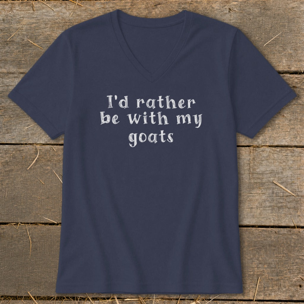 Navy v-neck t-shirt with white text that reads "I'd rather be with my goats."
