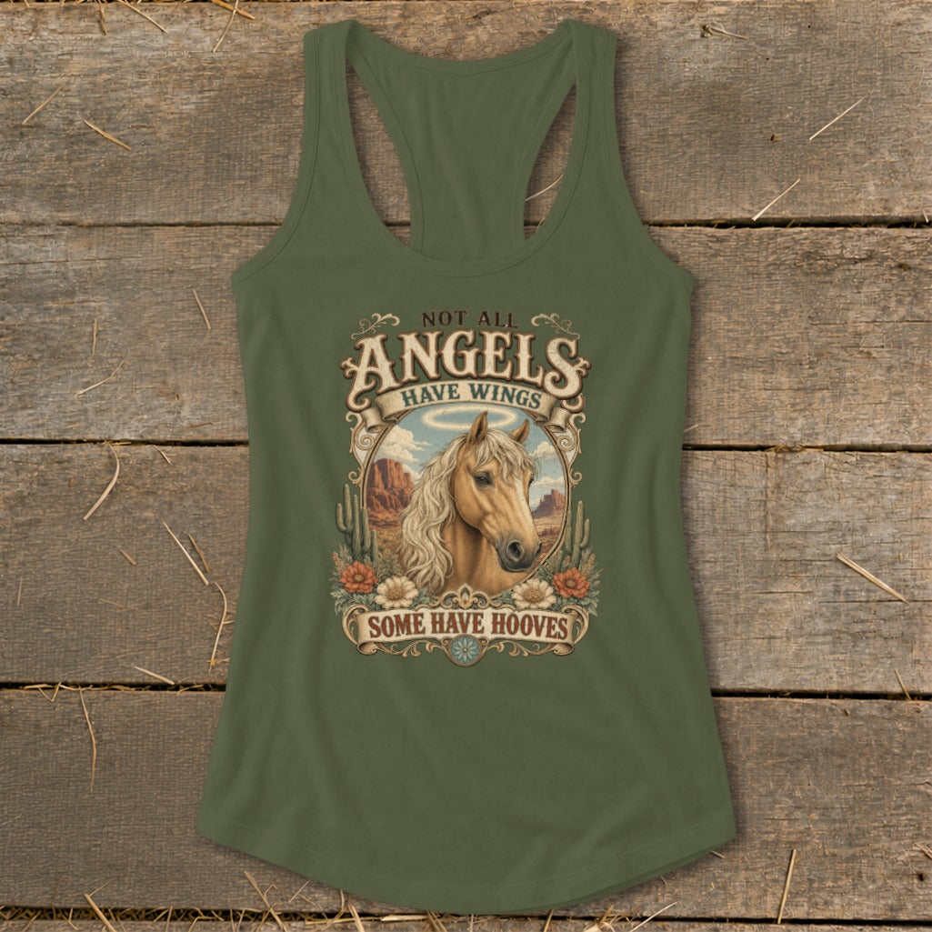 Green tank top with horse graphic and text "Not All Angels Have Wings, Some Have Hooves".