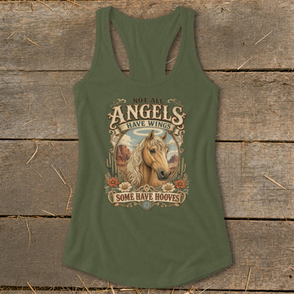 Green tank top with horse graphic and text "Not All Angels Have Wings, Some Have Hooves".