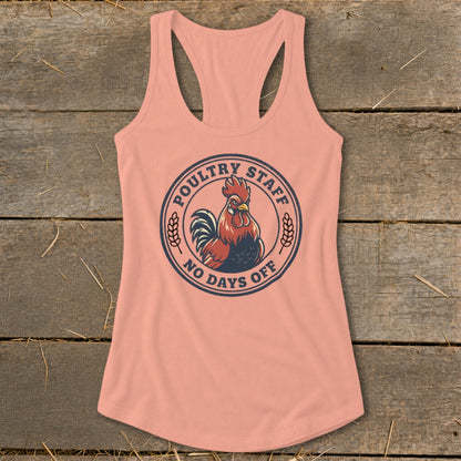 Peach tank top with a circular graphic featuring a rooster and text "POULTRY STAFF NO DAYS OFF."
