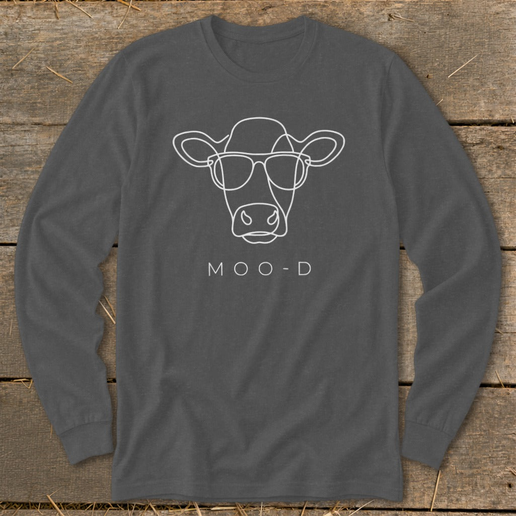 Long sleeve dark grey t-shirt with a white line drawing of a cow wearing glasses and text "MOO-D".