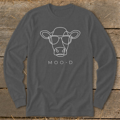 Long sleeve dark grey t-shirt with a white line drawing of a cow wearing glasses and text "MOO-D".