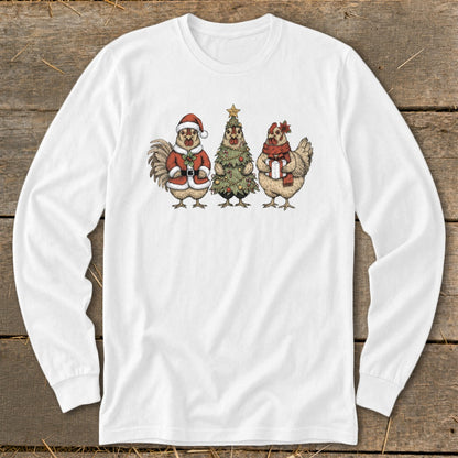 Three chickens and a Christmas tree illustration on a white long-sleeve shirt.