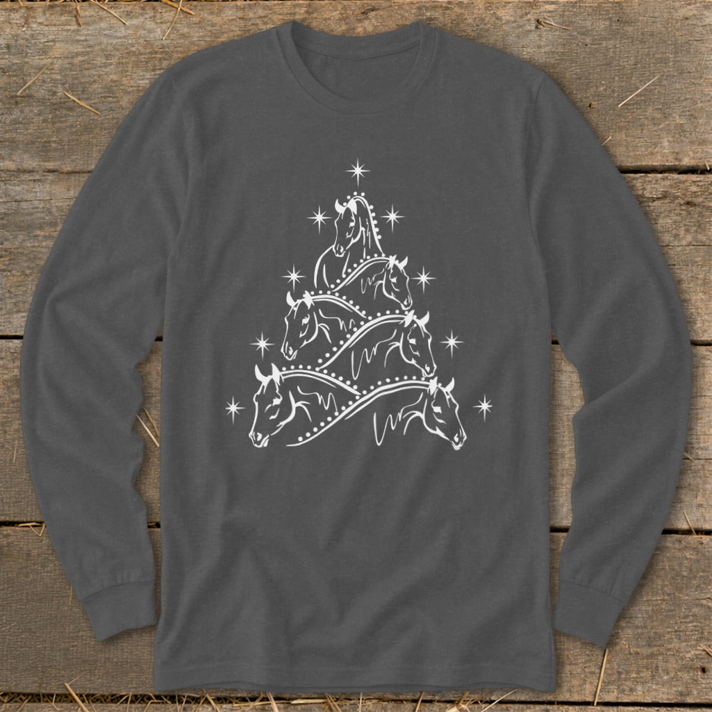 Dark gray long-sleeve shirt with white line art of horses forming a Christmas tree.