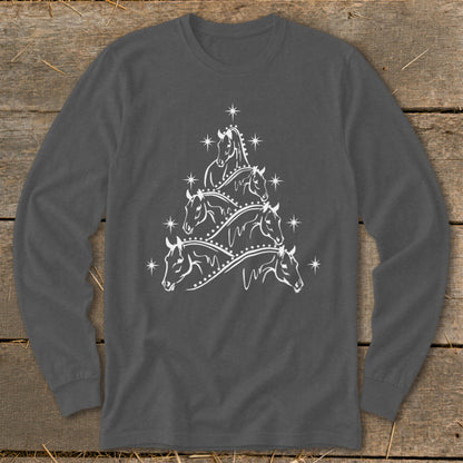 Dark gray long-sleeve shirt with white line art of horses forming a Christmas tree.