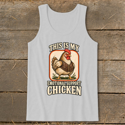 Tank top with illustration of chicken wearing a vest and text "This Is My Emotional Support Chicken".