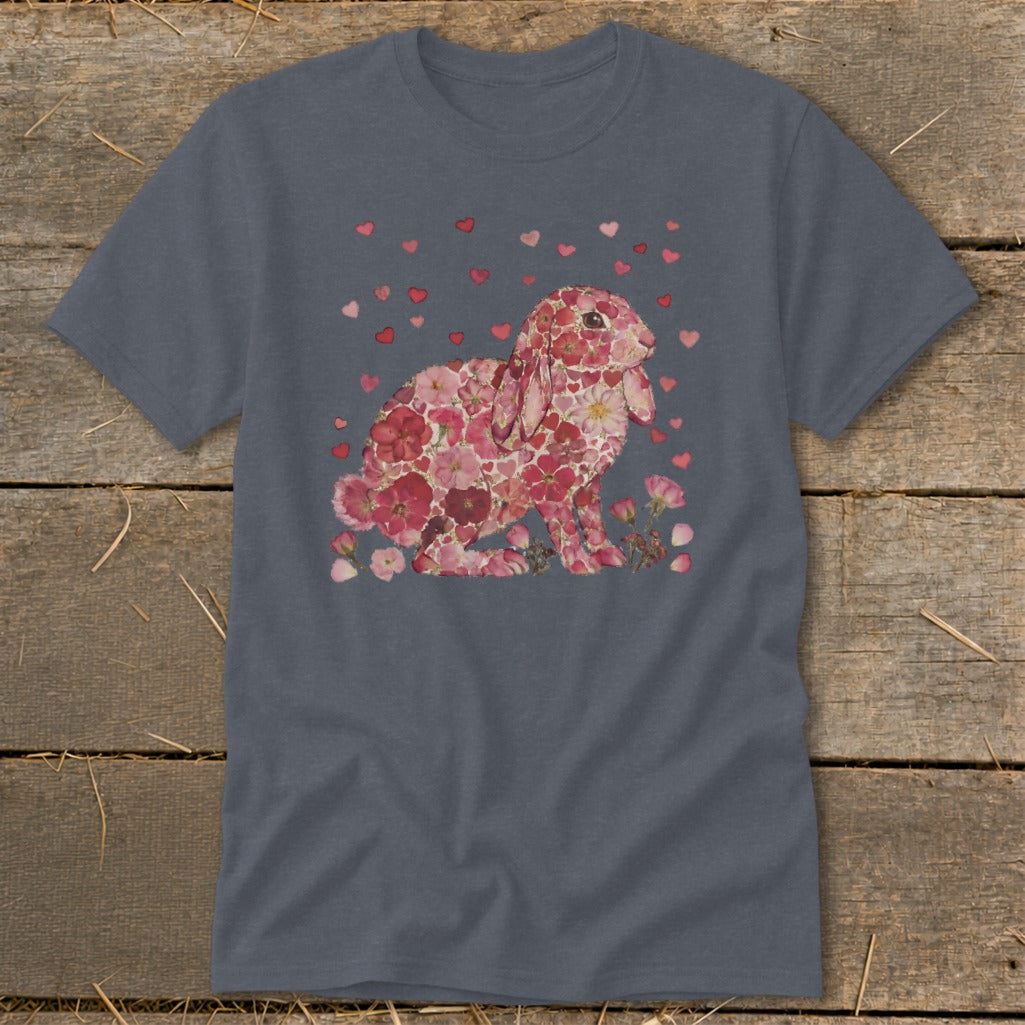Dark grey t-shirt with a floral rabbit illustration and scattered pink hearts.