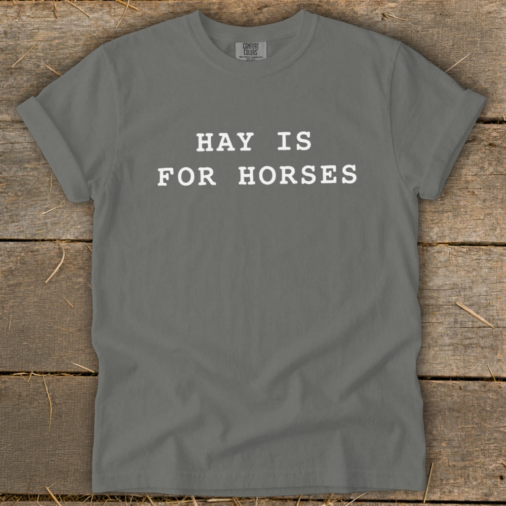 Grey t-shirt with "HAY IS FOR HORSES" text in white.