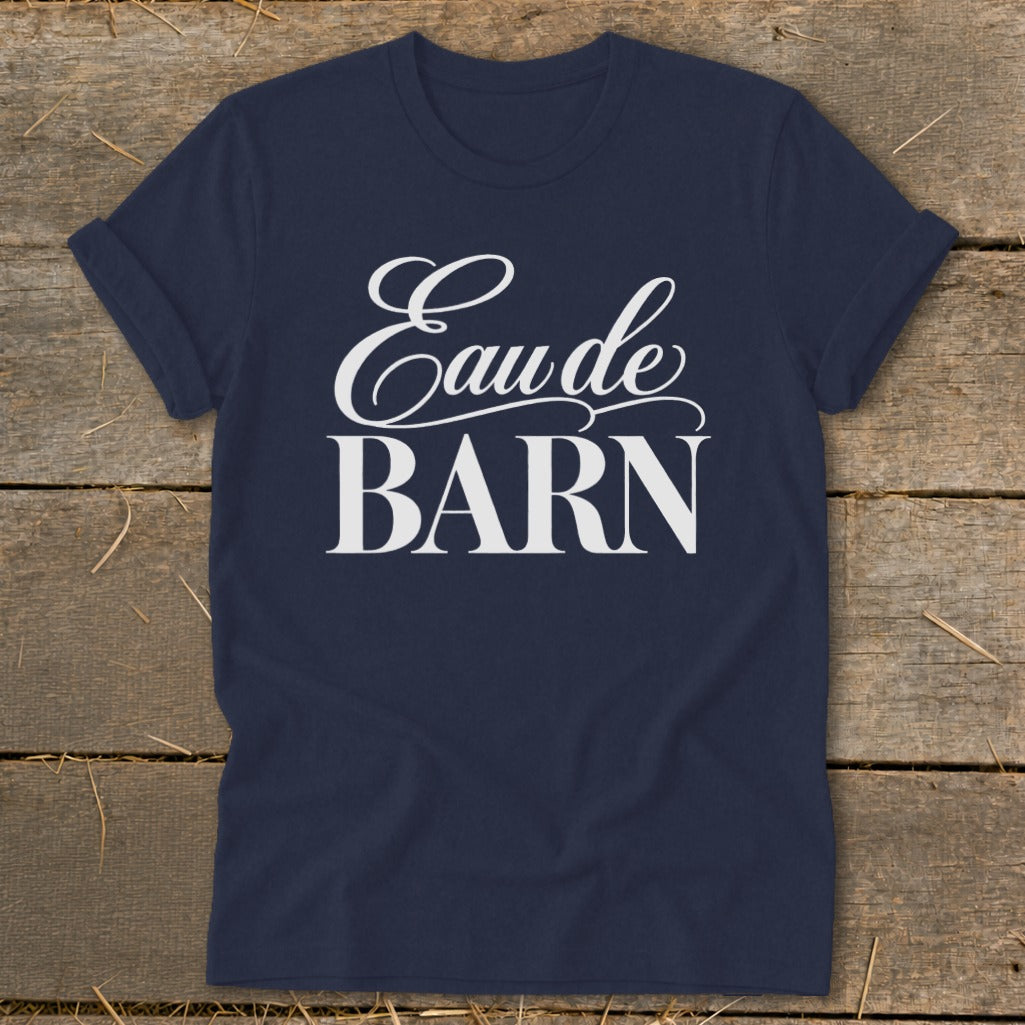 Navy t-shirt with white "Eau de BARN" text.