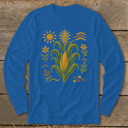 Blue long sleeve shirt with a central corn stalk, sun, and floral design.