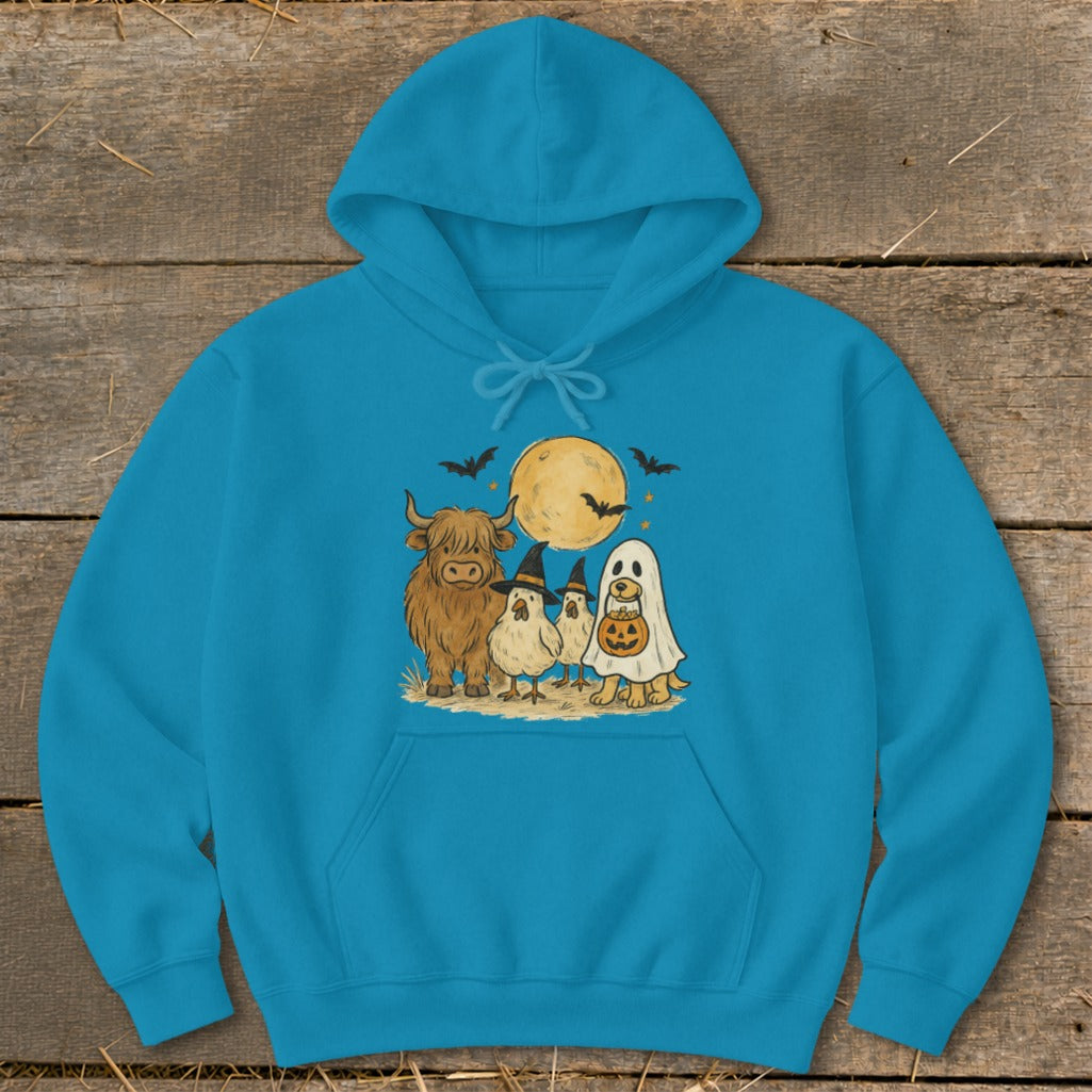 Highland cow, chickens, dog in ghost costume, and bats under the moon.