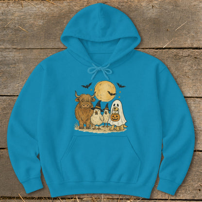 Highland cow, chickens, dog in ghost costume, and bats under the moon.