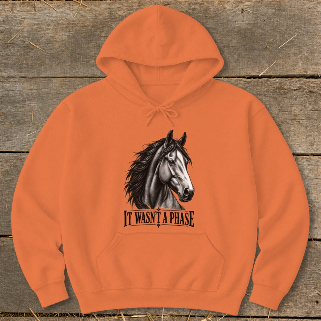 Orange hoodie with a black and white horse head graphic and text.