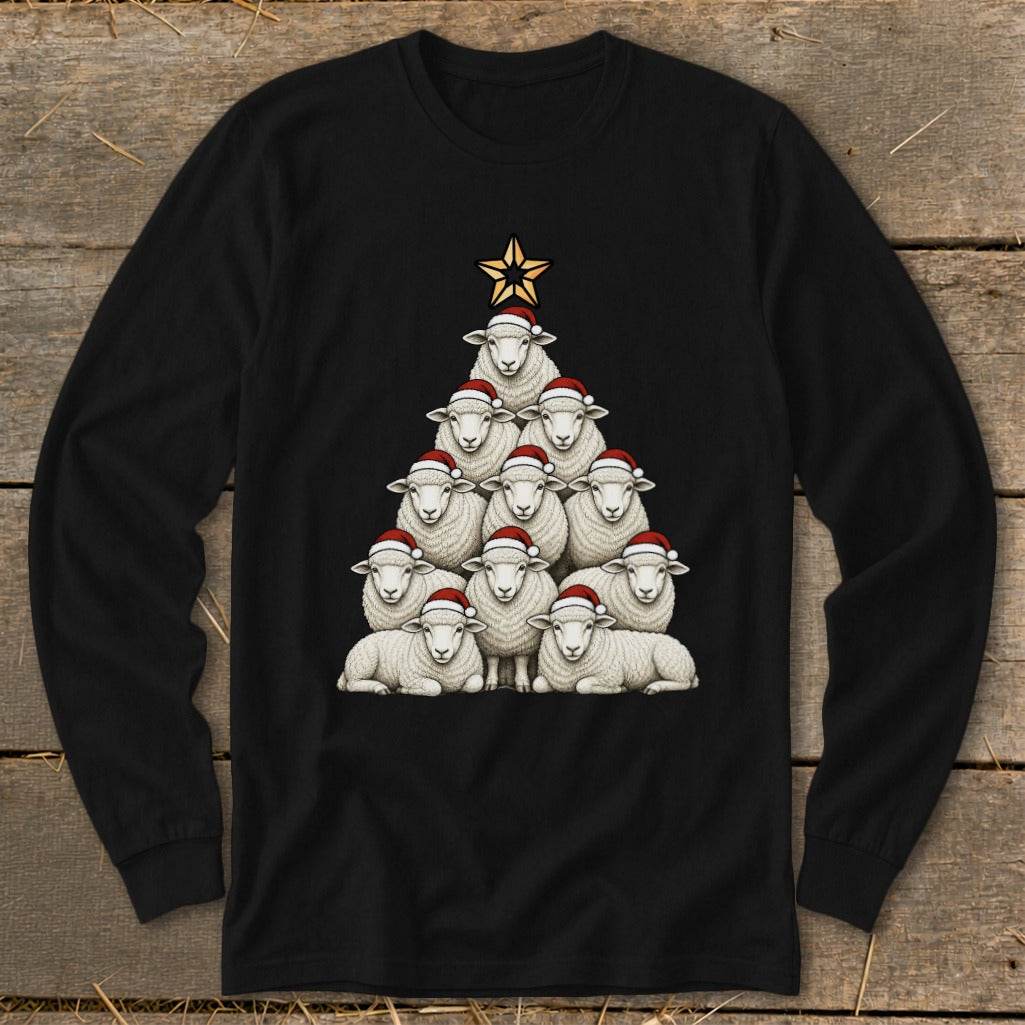 Sheep in Santa hats form a Christmas tree topped with a gold star.